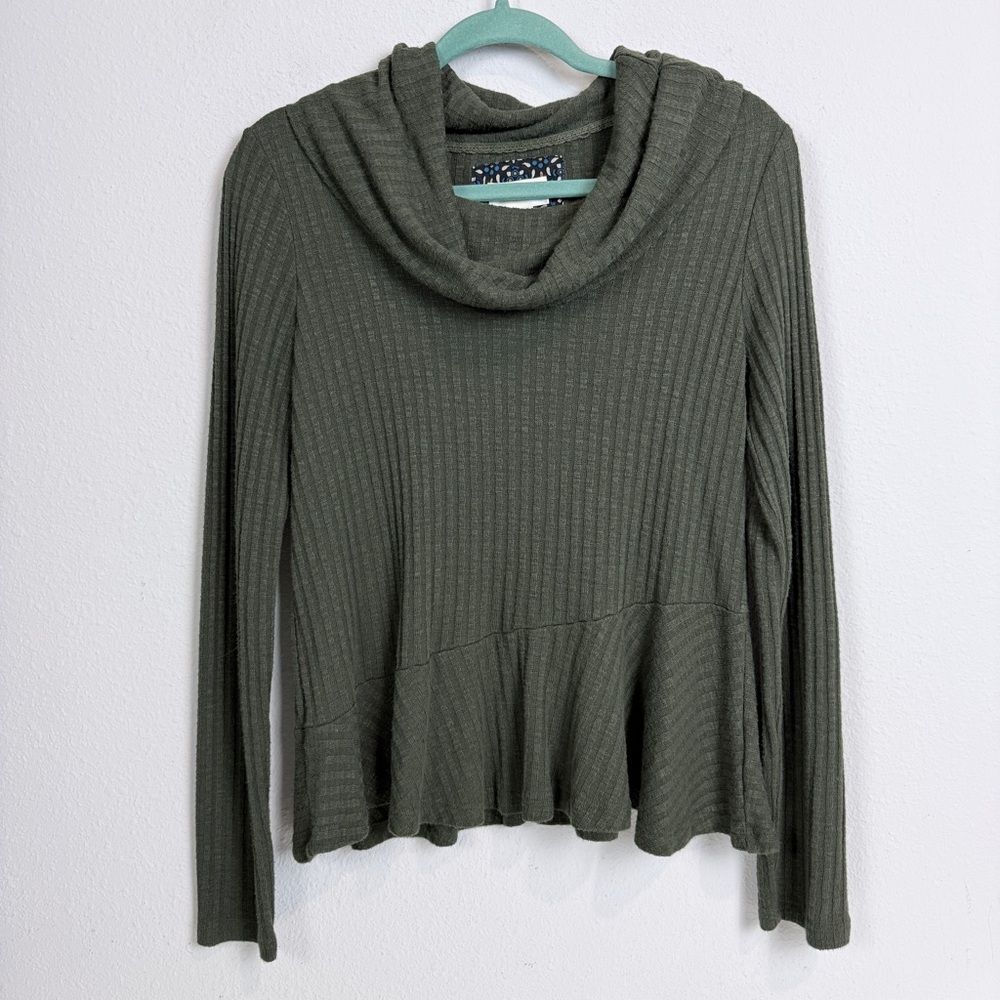 Maeve Anthropologie Forest Green Ribbed Cowl Neck Blouse M